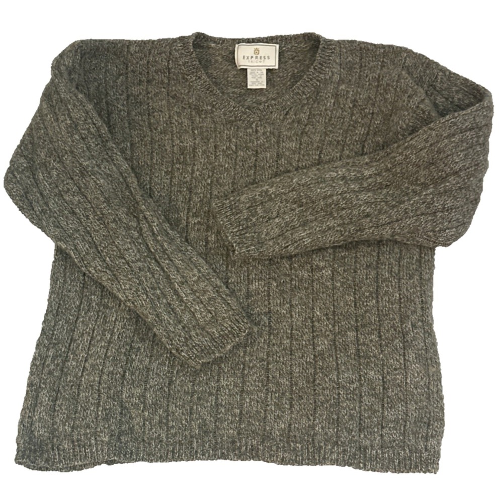 VTG‎ Express Tricot Womens S 100% Wool Green Marl Ribbed Cable Knit Sweater EUC